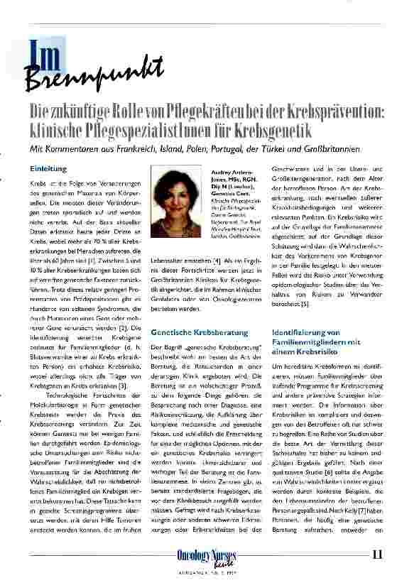 Vorschauseite 1: Die zukünftige Rolle von Pflegekräften bei der Krebsprävention Klinische PflegespezialistInnen für Krebsgenetik