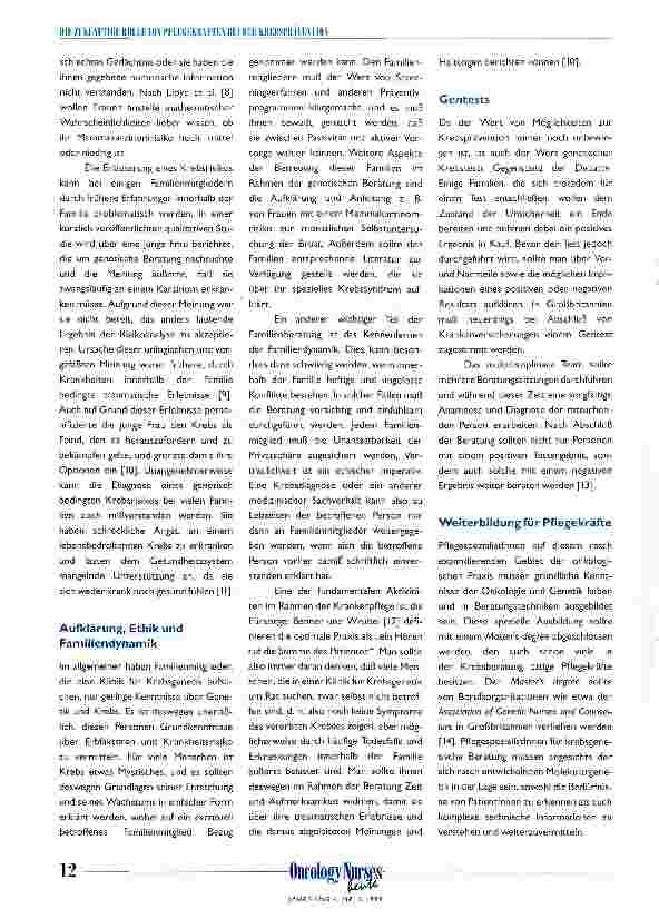 Vorschauseite 2: Die zukünftige Rolle von Pflegekräften bei der Krebsprävention Klinische PflegespezialistInnen für Krebsgenetik