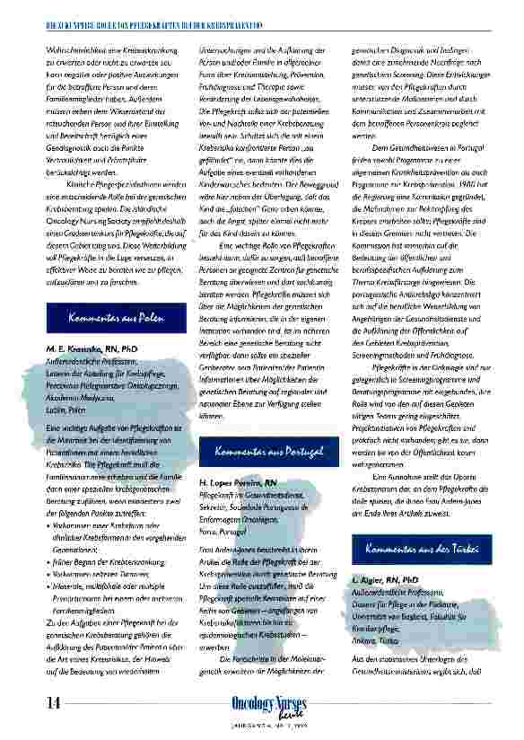 Vorschauseite 4: Die zukünftige Rolle von Pflegekräften bei der Krebsprävention Klinische PflegespezialistInnen für Krebsgenetik