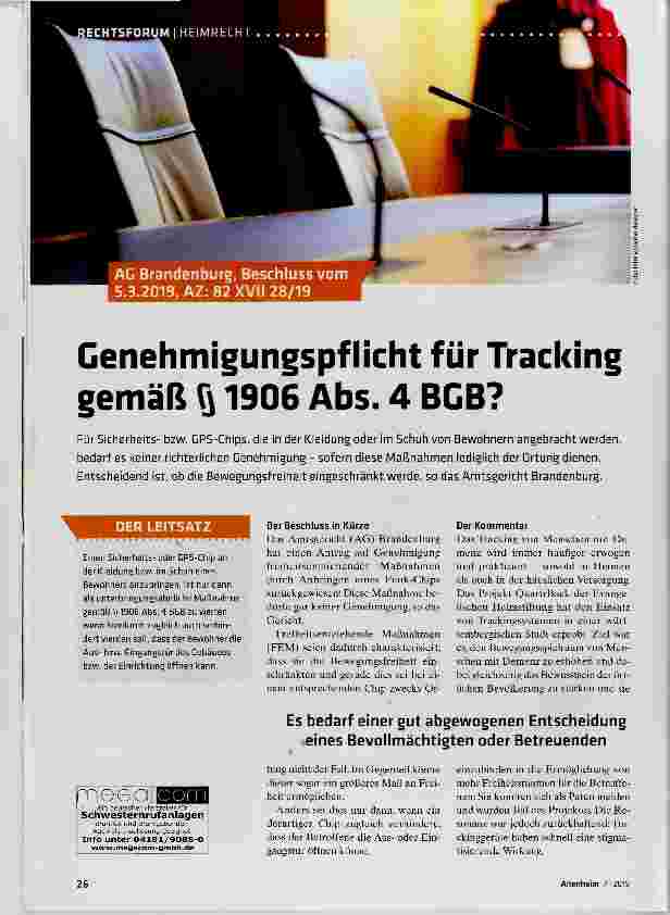 Vorschauseite 1: Genehmigungspflicht für Tracking gemäß 1906 Abs. 4 BGB?