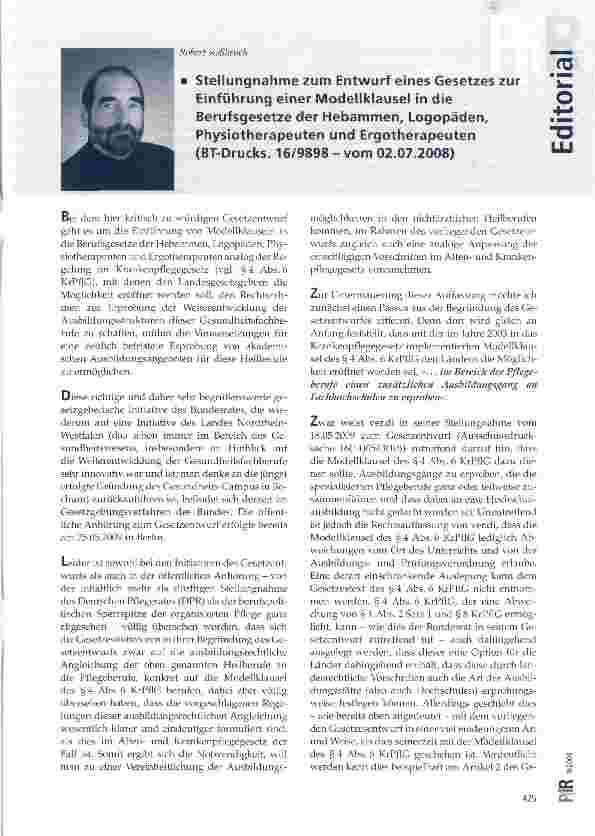 Vorschauseite 1: Stellungnahme zum Entwurf eines Gesetzes zur Einführung einer Modellklausel in die Berufsgesetze der Hebammen, Logopäden, Physiotherapeuten und Ergotherapeuten (BT-Drucks. 16/9898…