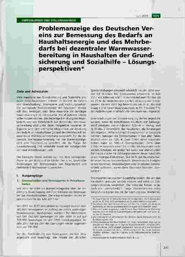 Vorschauseite 1: Problemanzeige des Deutschen Vereins zur Bemessung des Bedarfs an Haushaltsenergie und des Mehrbedarfs bei dezentraler Warmwasserbereitung in Haushalten der Grundsicherung und Soz…