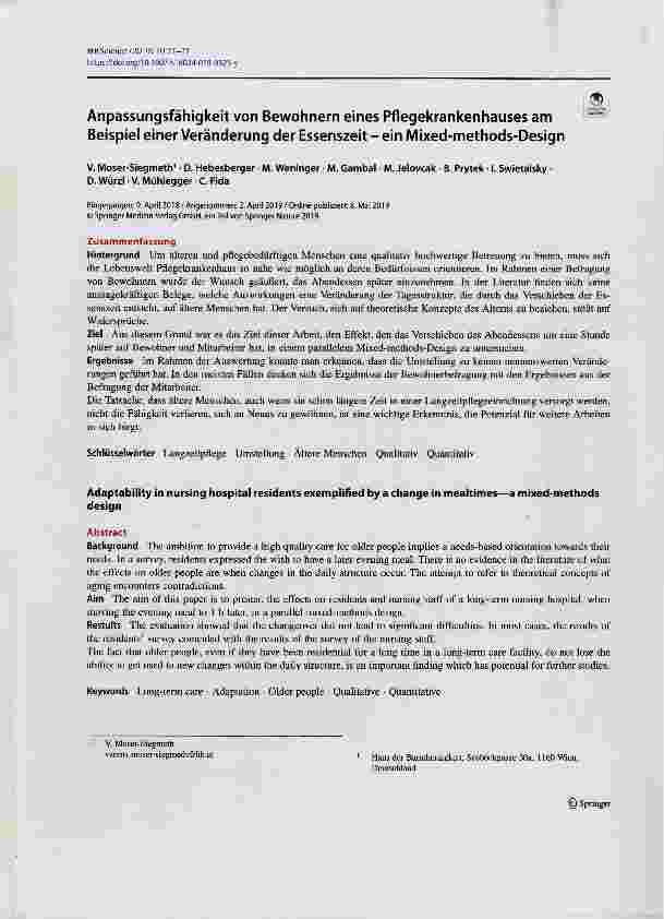 Vorschauseite 1: Anpassungsfähigkeit von Bewohnern eines Pflegekrankenhauses am Beispiel einer Veränderung der Essenszeit ein Mixed-methods-Design