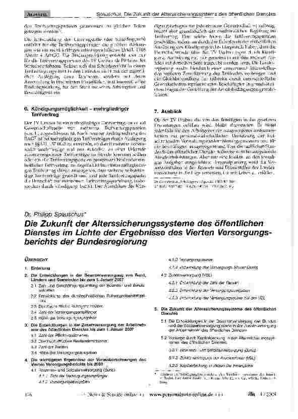 Vorschauseite 1: Die Zukunft der Alterssicherungssysteme des öffentlichen Dienstes im Lichte der Ergebnisse des Vierten Versorgungsberichts der Bundesregierung