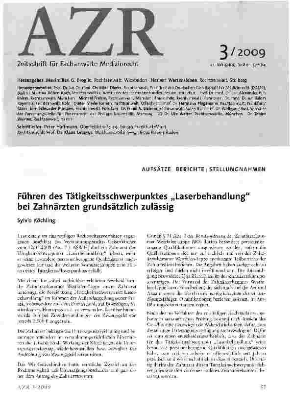 Vorschauseite 1: Führen des Tätigkeitsschwerpunktes „Laserbehandlung bei Zahnärzten grundsätzlich zulässig