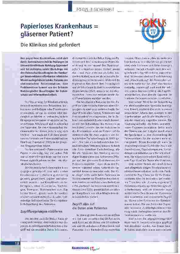 Vorschauseite 1: Papierloses Krankenhaus = gläserner Patient?