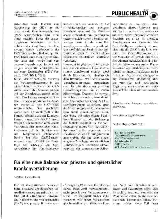 Vorschauseite 1: Für eine neue Balance von privater und gesetzlicher Krankenversicherung