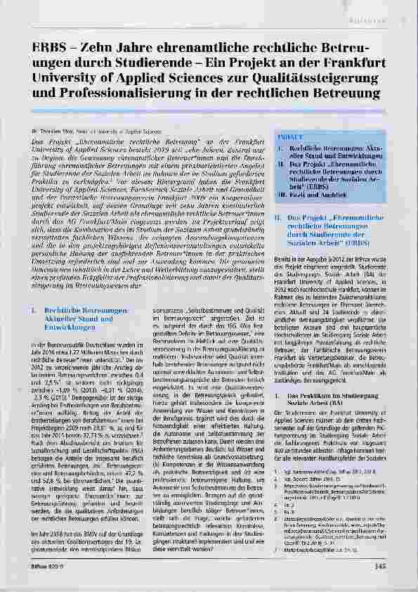 Vorschauseite 1: ERBS Zehn Jahre ehrenamtliche rechtliche Betreuungen durch Studierende Ein Projekt an der Frankfurt University of Applied Sciences zur Qualitätssteigerung und Professionalisierung…