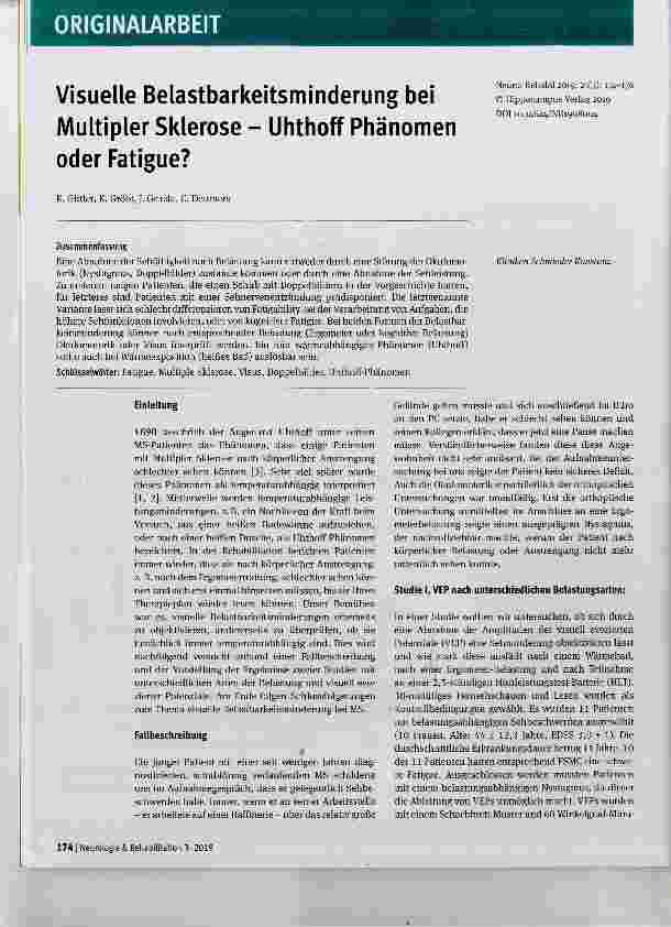 Vorschauseite 1: Visuelle Belastbarkeitsminderung bei Multipler Sklerose Uhthoff Phänomen oder Fatigue?