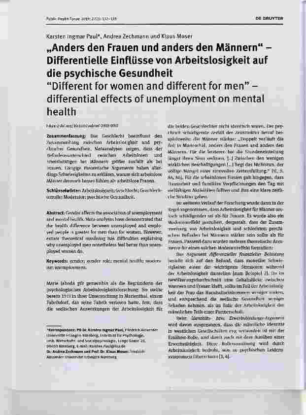 Vorschauseite 1: „Anders den Frauen und anders den Männern“ Differentielle Einflüsse von Arbeitslosigkeit auf die psychische Gesundheit