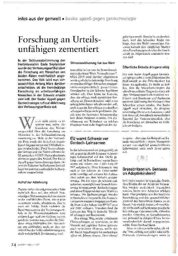 Vorschauseite 1: Forschung an Urteilsunfähigen zementiert