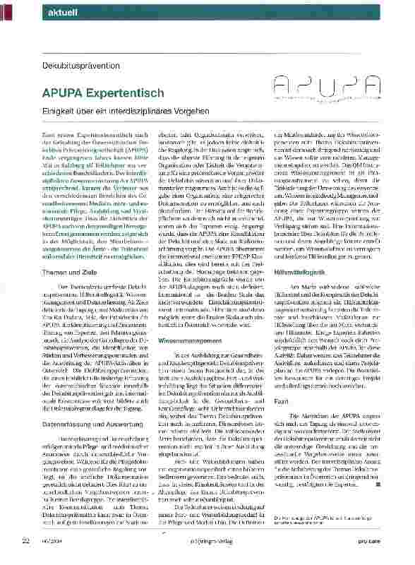Vorschauseite 1: DekubituspräventionAPUPA Expertentisch Einigkeit über ein interdisziplinäres Vorgehen