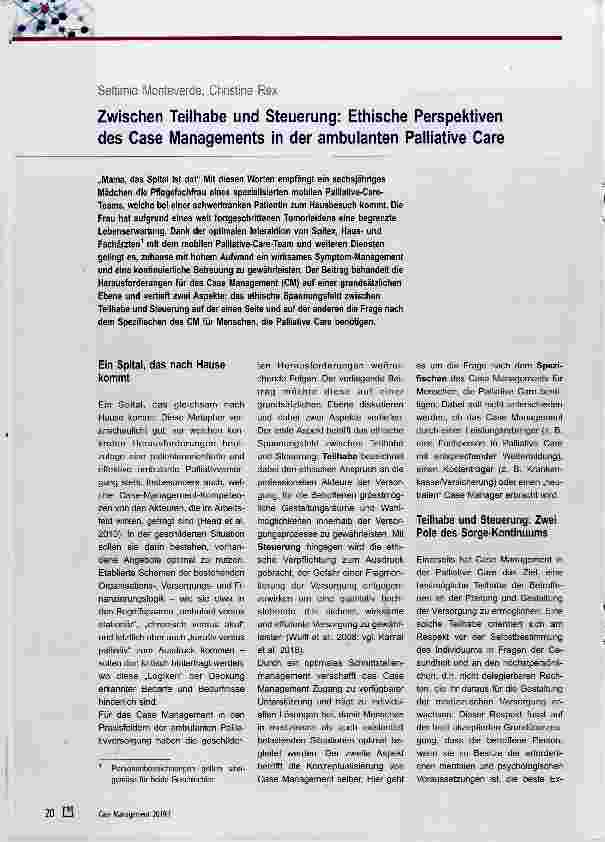 Vorschauseite 1: Zwischen Teilhabe und Steuerung; Ethische Perspektiven des Case Managements in der ambulanten Palliative Care