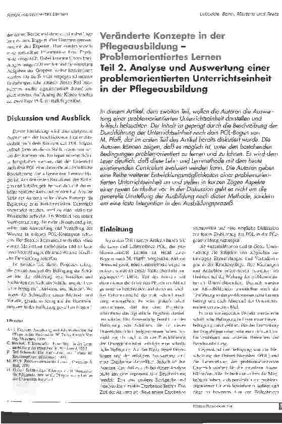 Vorschauseite 1: Veränderte Konzepte in der Pflegeausbildung - Problemorientiertes Lernen Teil 2. Analyse und Auswertung einer problemorientierten Unterrichtseinheit in der Pflegeausbildung