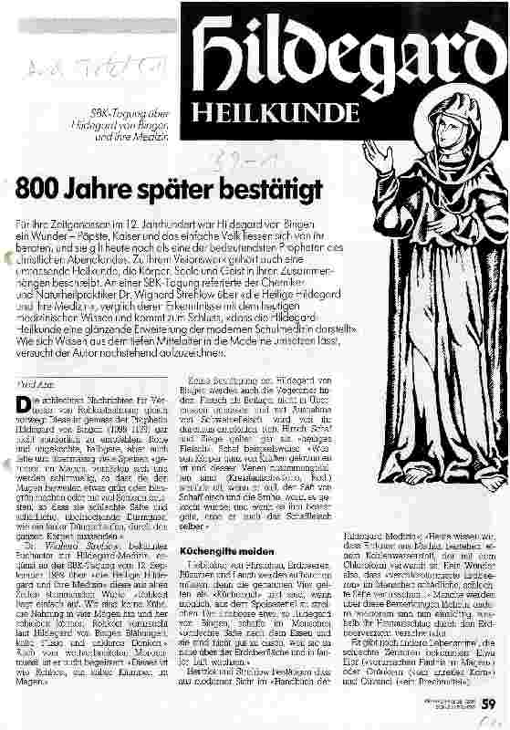 Vorschauseite 1: 800 Jahre später bestätigt SBK-Tagung über Hildegard von Bingen und ihre Medizin
