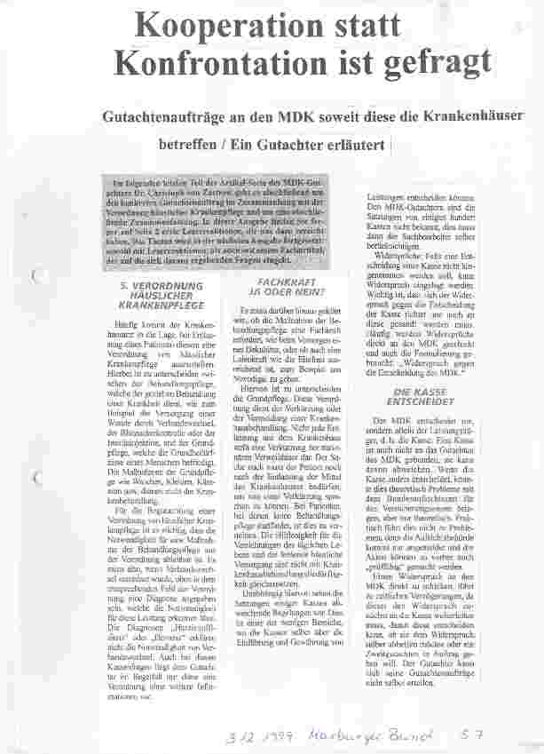 Vorschauseite 1: Kooperation statt Konfrontation ist gefragt Gutachtenaufträge an den MDK soweit diese die Krankenhäuer betreffen / Ein Gutachter erläutert