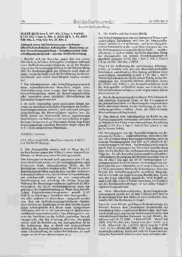 Vorschauseite 1: Abbruch eines Stellenbesetzungsverfahrens öffentlich-rechtlicher Arbeitgeber Rechtsweg zu den Verwaltungsgerichten - Schadensersatz-/Entschädigungsanspruch interne Stellenbesetzung