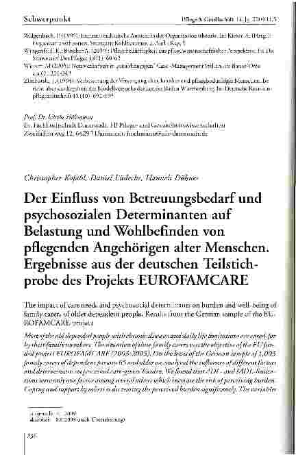 Vorschauseite 1: Der Einfluss von Betreuungsbedarf und psychosozialen Determinanten auf Belastung und Wohlbefinden von pflegenden Angehörigen alter Menschen. Ergebnisse aus der deutschen Teilstich…