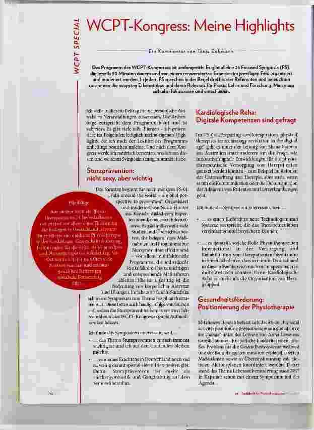 Vorschauseite 1: WCPT-Kongress; Meine Highlights