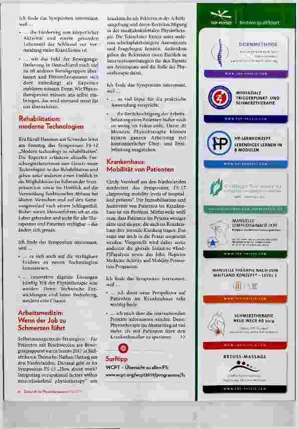 Vorschauseite 2: WCPT-Kongress; Meine Highlights