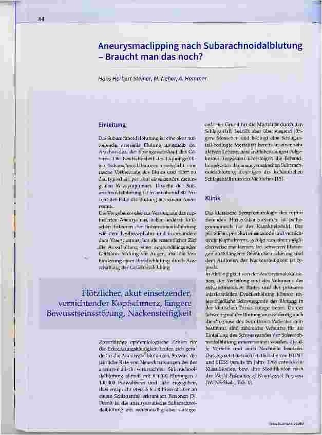 Vorschauseite 1: Aneurysmaclipping nach Subarachnoidalblutung Braucht man das noch?