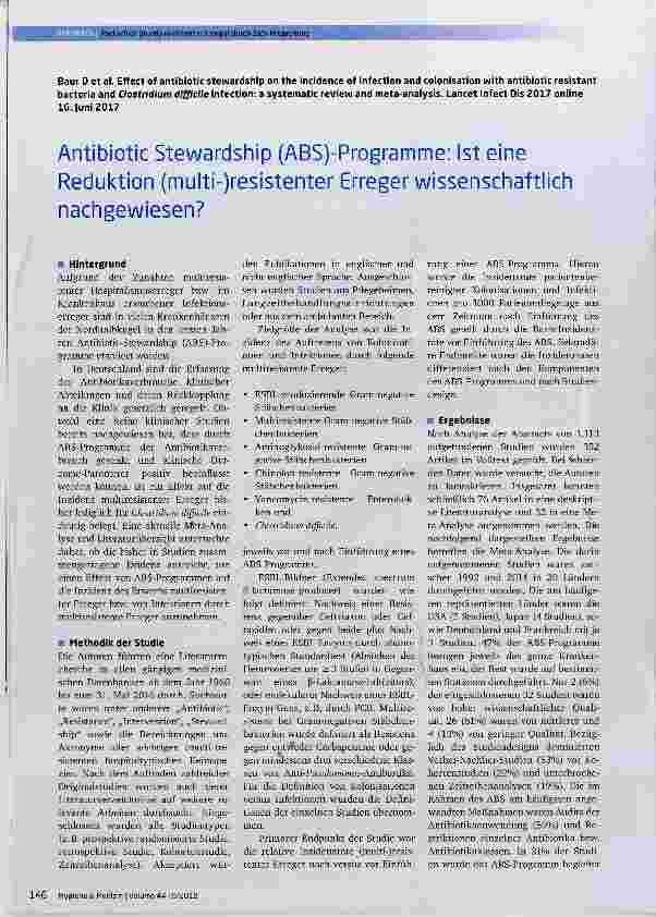 Vorschauseite 1: Antibiotic Stewardship (ABS)-Programme: ist eine Reduktion (muiti-)resistenter Erreger wissenschaftiich nachgewiesen?