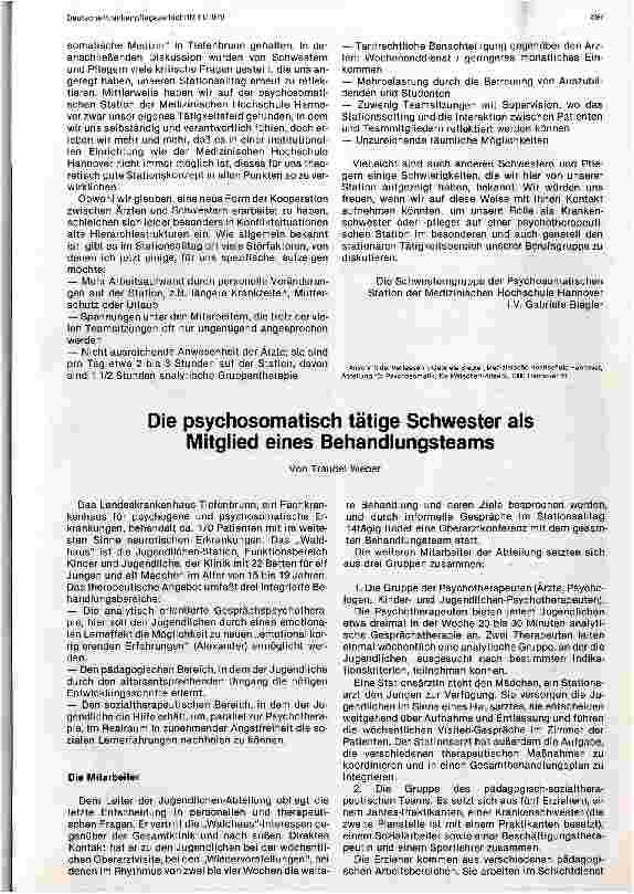 Vorschauseite 1: Die psychosomatisch tätige Schwester als Mitglied eines Behandlungsteams