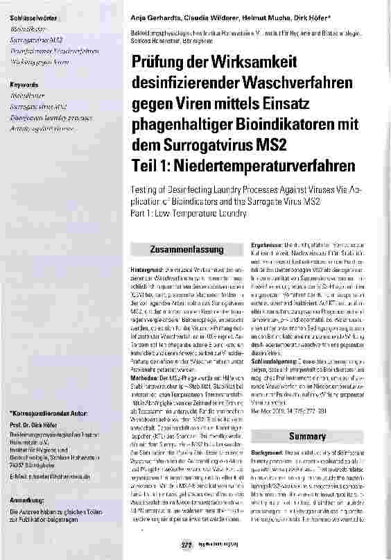 Vorschauseite 1: Prüfung der Wirksamkeit desinfizierender Waschverfahren gegen Viren mittels Einsatz phagenhaltiger Bioindikatoren mit dem Surrogatvirus MS2 Teil 1: Niedertemperaturverfahren