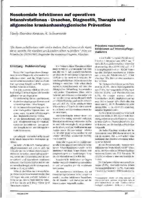 Vorschauseite 1: Nosokomiale Infektionen auf operativen Intensivstationen Ursachen, Diagnostik, Therapie und allgemeine krankenhaushygienische Prävention