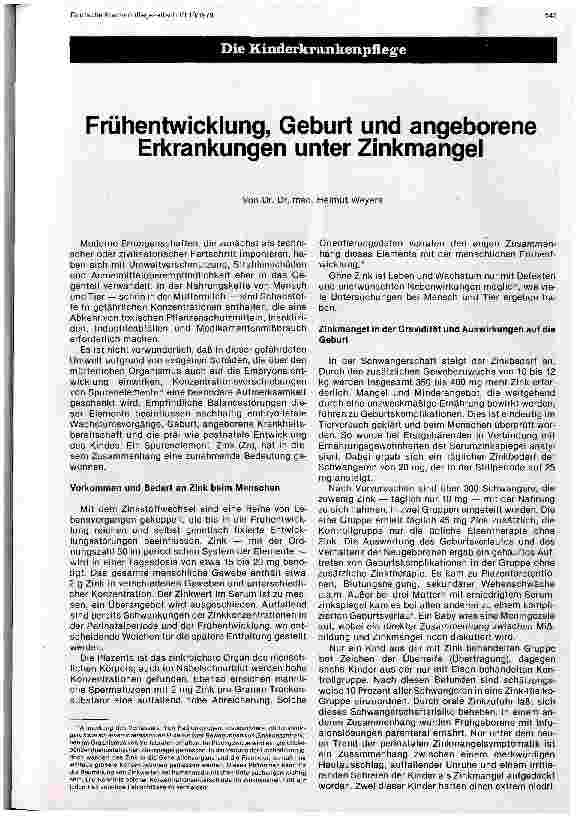 Vorschauseite 1: Frühentwicklung, Geburt und angeborene Erkrankungen unter Zinkmangel