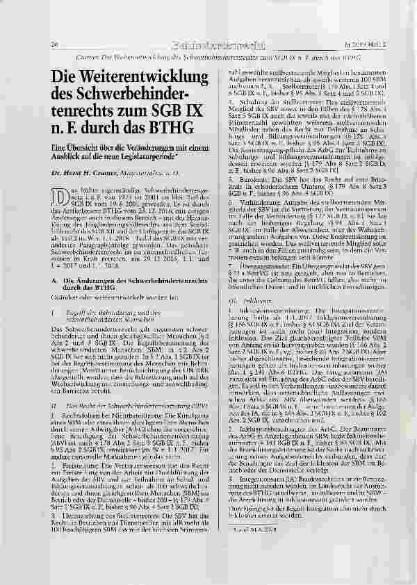 Vorschauseite 1: Die Weiterentwicklung des Schwerbehindertenrechts zum SGB K n. F. durch das BTHG