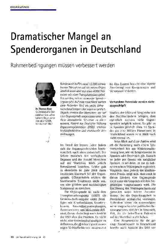 Vorschauseite 1: Dramatischer Mangel an Spenderorganen in Deutschland