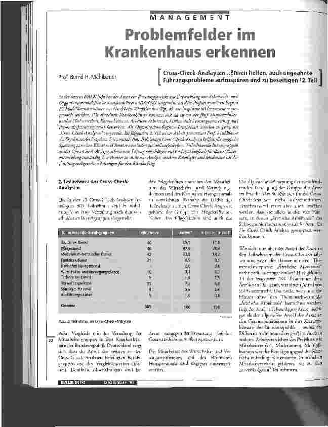 Vorschauseite 1: Problemfelder im Krankenhaus erkennen Cross-Check-Analysen können helfen, auch ungeahnte Führungsprobleme aufzuspüren und zu beseitigen/2. Teil