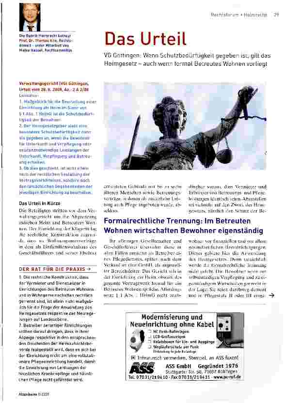 Vorschauseite 1: Das UrteilVG Göttingen: Wenn Schutzbedürftigkeit gegeben ist, gilt das Heimgesetz - auch wenn formal Betreutes Wohnen vorliegt