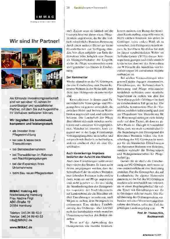 Vorschauseite 2: Das UrteilVG Göttingen: Wenn Schutzbedürftigkeit gegeben ist, gilt das Heimgesetz - auch wenn formal Betreutes Wohnen vorliegt