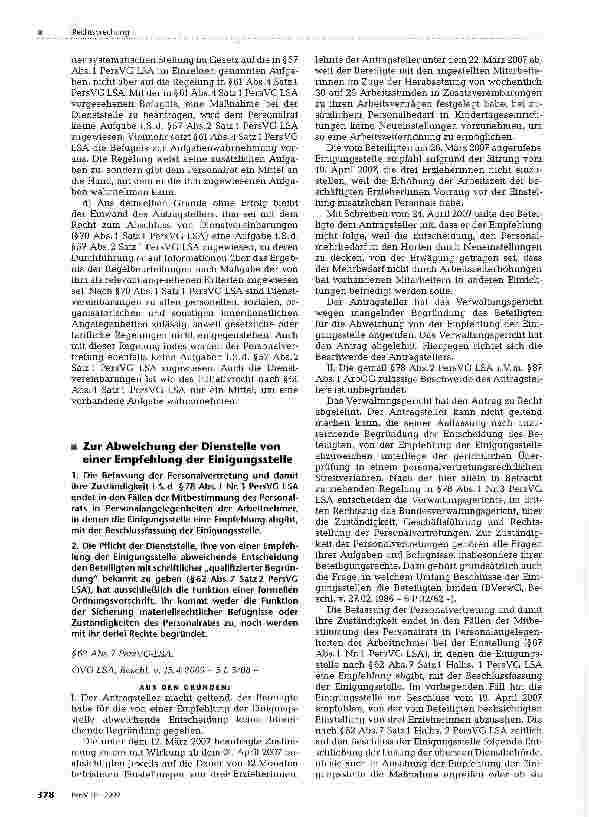 Vorschauseite 1: Zur Abweichung der Dienstelle von einer Empfehlung der Einigungsstelle