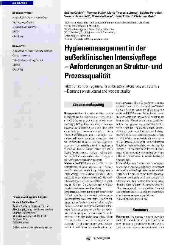 Vorschauseite 1: Hygienemanagement in der außerklinischen Intensivpflege -Anforderungen an Strukturund Prozessqualität
