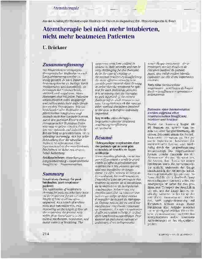 Vorschauseite 1: Atemtherapie bei nicht mehr intubierten, nicht mehr beatmeten Patienten