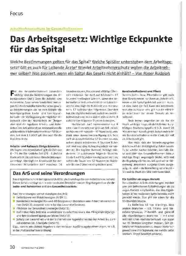 Vorschauseite 1: Das Arbeitsgesetz: Wichtige Eckpunkte für das Spital