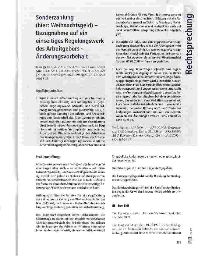 Vorschauseite 1: Sonderzahlung (hier: Weihnachtsgeld) - Bezugnahme auf ein einseitiges Regelungswerk des Arbeitgebers -Änderungsvorbehalt