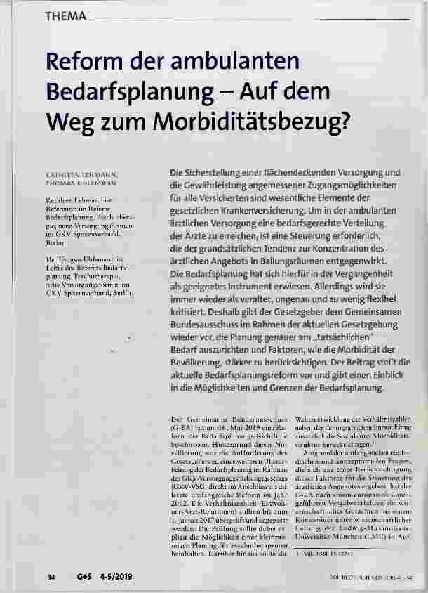Vorschauseite 1: Reform der ambulanten Bedarfsplanung Auf dem Weg zum Morbiditätsbezug?