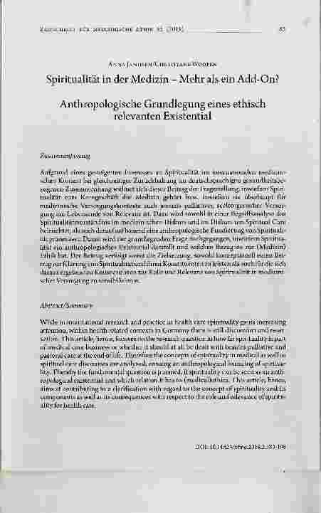 Vorschauseite 1: Spiritualität in der Medizin Mehr als ein Add-On? Anthropologische Grundlegung eines ethisch relevanten Existential