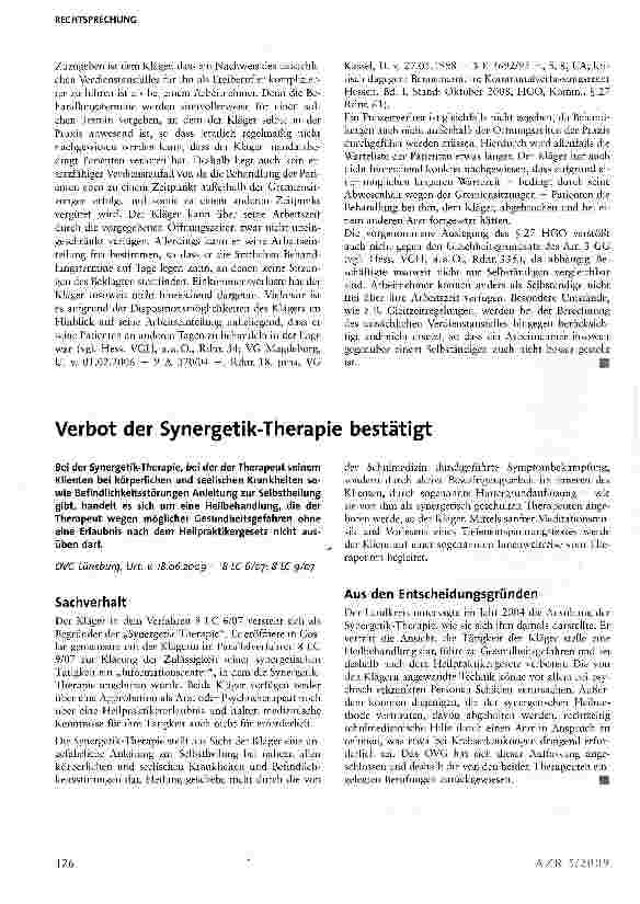 Vorschauseite 1: Verbot der Synergetik-Therapie bestätigt
