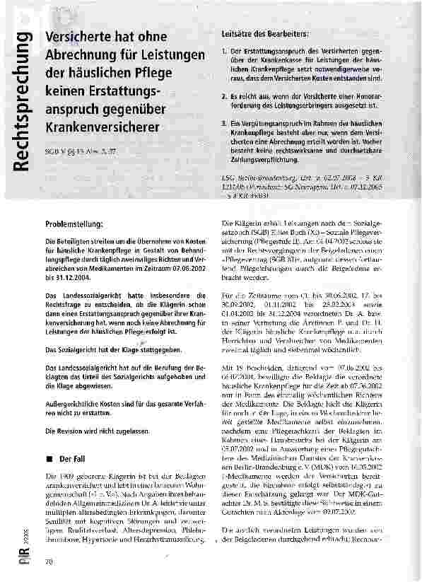 Vorschauseite 1: Versicherte hat ohne Abrechnung für Leistungen der häuslichen Pflege keinen Erstattungsanspruch gegenüber Krankenversicherer