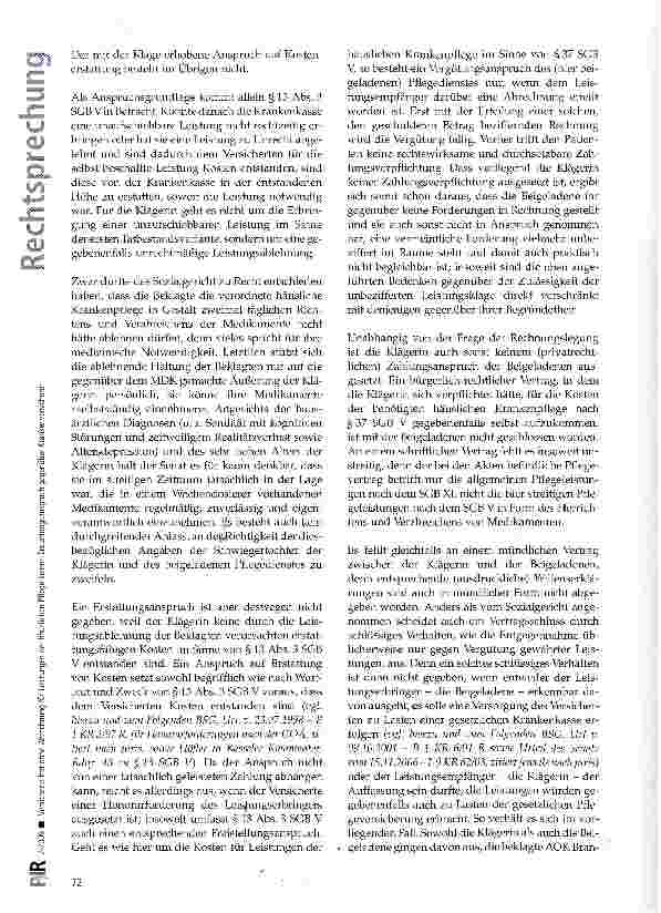 Vorschauseite 3: Versicherte hat ohne Abrechnung für Leistungen der häuslichen Pflege keinen Erstattungsanspruch gegenüber Krankenversicherer