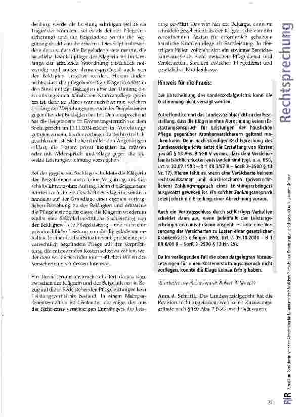 Vorschauseite 4: Versicherte hat ohne Abrechnung für Leistungen der häuslichen Pflege keinen Erstattungsanspruch gegenüber Krankenversicherer