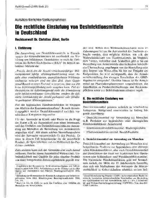 Vorschauseite 1: Die rechtliche Einstufung von Desintektionsmitteln in Deutschland