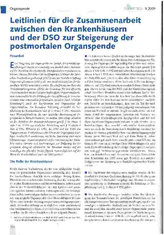 Vorschauseite 1: Leitlinien für die Zusammenarbeit zwischen den Krankenhäusern und der DSO zur Steigerung der postmortalen Organspende