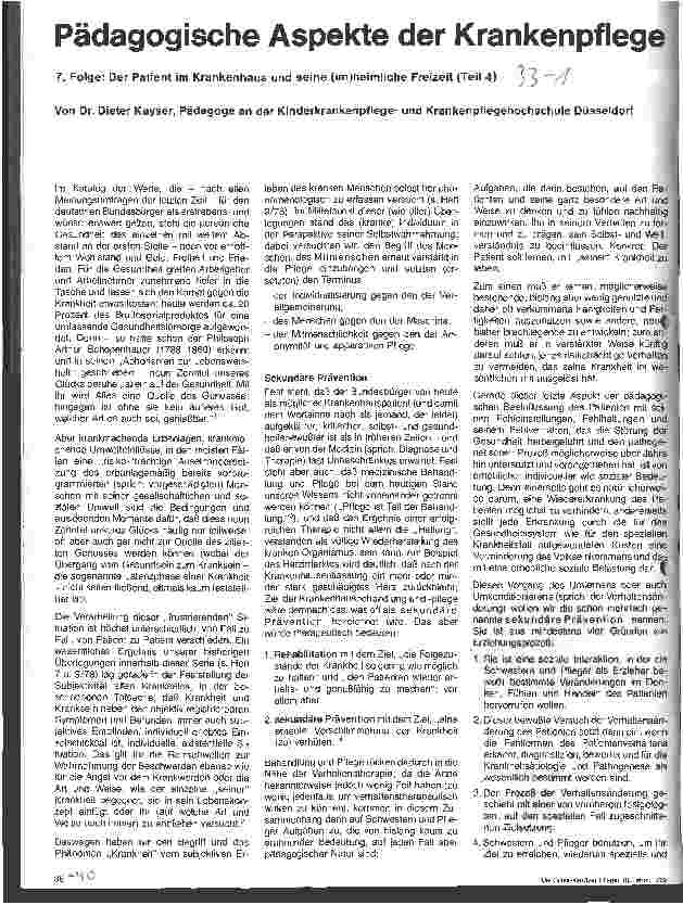 Vorschauseite 1: Pädagogische Aspekte der Krankenpflege 7. Folge Der Patient im Krankenhaus und eine (un)heimliche Freizeit (Teil 4)