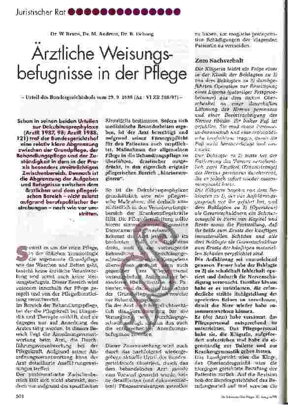 Vorschauseite 1: Ärztliche Weisungsbefugnisse in der Pflege Urteil des Bundesgerichtshofs vom 29.9.1988